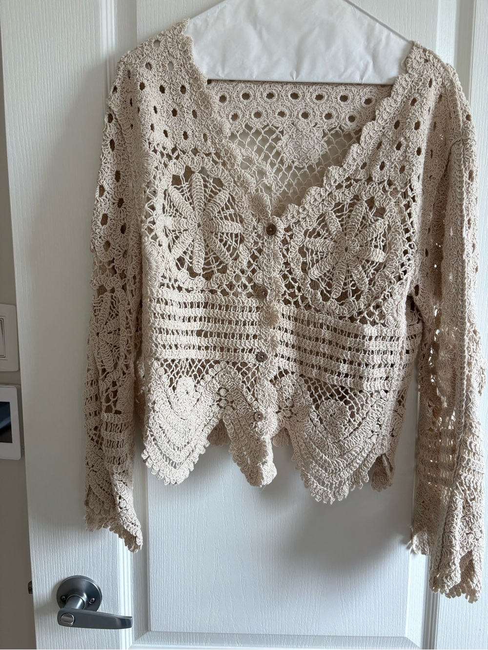 Solitaire Crochet V-Neck Cardigan in Beige